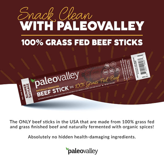 Paleovalley 100% Grass Fed Summer Sausage Beef Sticks - Delicious Gluten Free Beef Snack