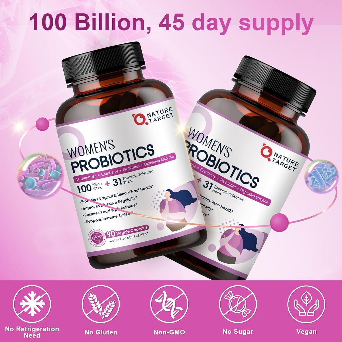 NATURE TARGET Probiotics for Women, 100 Billion CFU, 90 Veggie Capsules