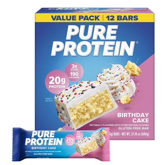 Pure Protein Birthday Cake Protein Bars – 20G Protein, 3G Sugar, 190 Calories (12 Count)