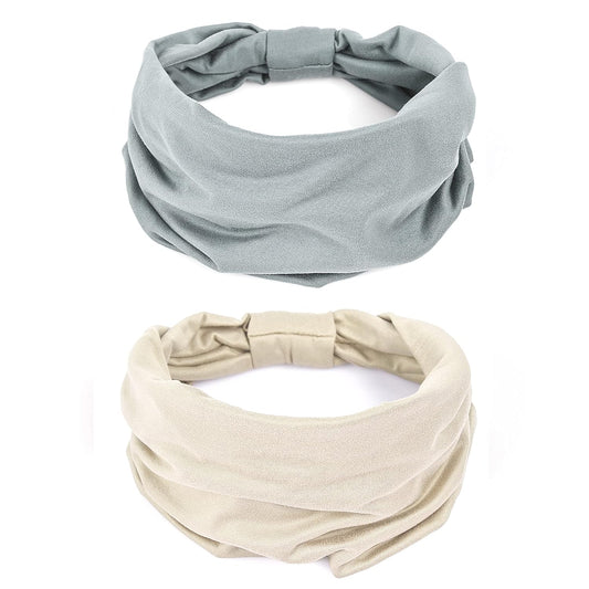 Gili 2 Pack Wide Headbands for Women Boho African Knotted Non Slip Fashion Hair Bands Yoga Running Sports Workout Gym Head Wraps Elastic Soft Cotton Cloth Turbans Bandana for Girls(Light Grey, Skin)