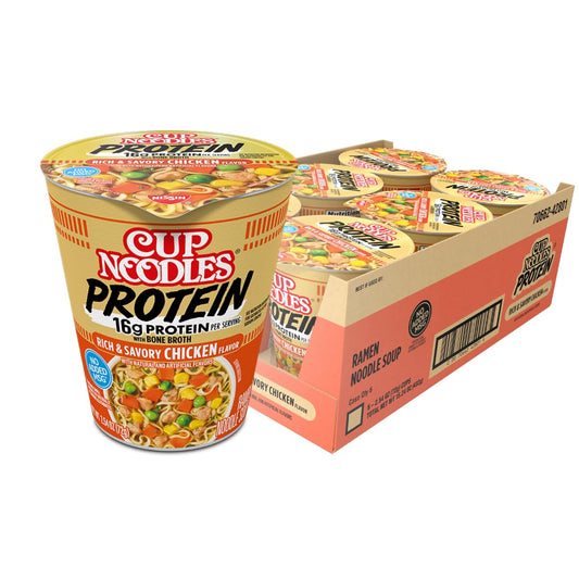 Nissin Cup Noodles Protein Ramen, Chicken Flavor with Bone Broth, 16G Protein (Pack of 6)