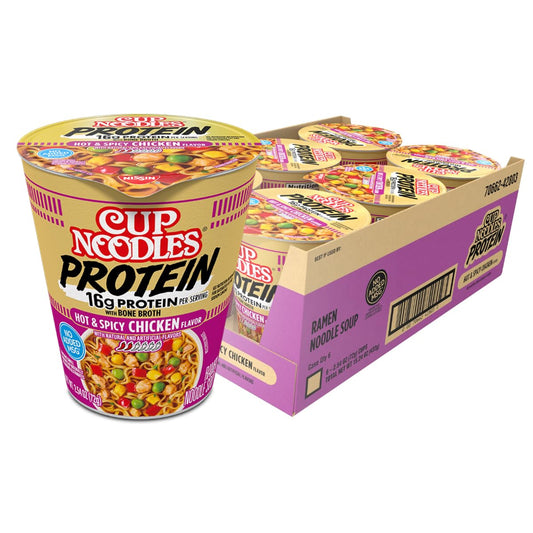 Nissin Cup Noodles Protein Ramen, Chicken Flavor Spicy Ramen with Bone Broth, 16G Protein (Pack of 6)