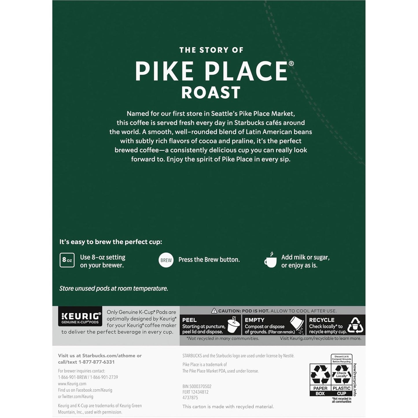 Starbucks K-Cup Coffee Pods, Medium Roast, Pike Place Roast