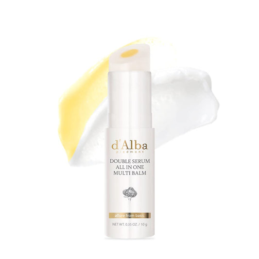 d'Alba double serum all-in-one multi balm with a white cloth and yellow flower on a white background