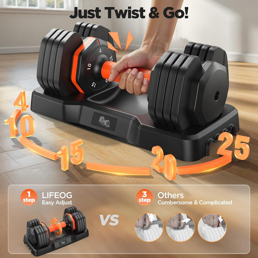LifeOG Updated Adjustable Dumbbell Set of 2 - 25lbs/50lbs