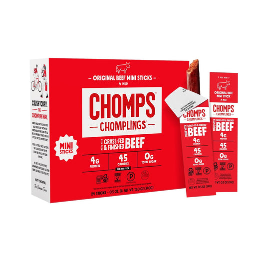Chomps Snack Size Grass-Fed Original Beef Jerky Meat Sticks 0.5oz 24-Pack