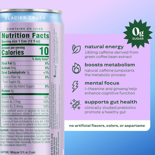 Bloom Nutrition Sparkling Energy Drink - Natural Caffeine, Zero Sugar, 180Mg - Antioxidant-Rich with Green Coffee Bean, Green Tea Extract, Prebiotics - Glacier Crush - 12Oz 12 Pack