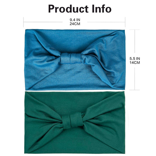 Gili 2 Pack Wide Headbands for Women Boho African Knotted Non Slip Fashion Hair Bands Yoga Running Sports Workout Gym Head Wraps Elastic Soft Cotton Cloth Turbans Bandana for Girls (Dark Green, Teal)