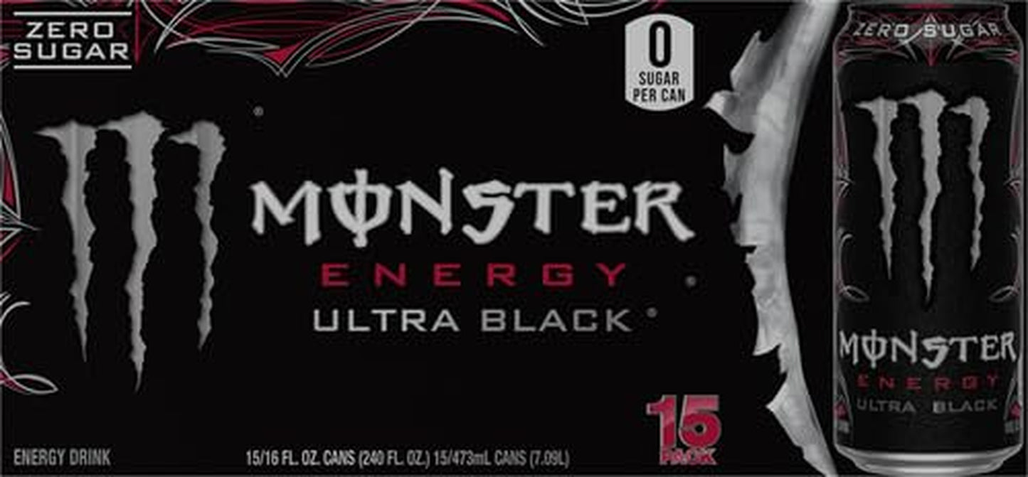 Monster Energy Ultra Black, Sugar Free Energy Drink, 16 Ounce | Pack of 15