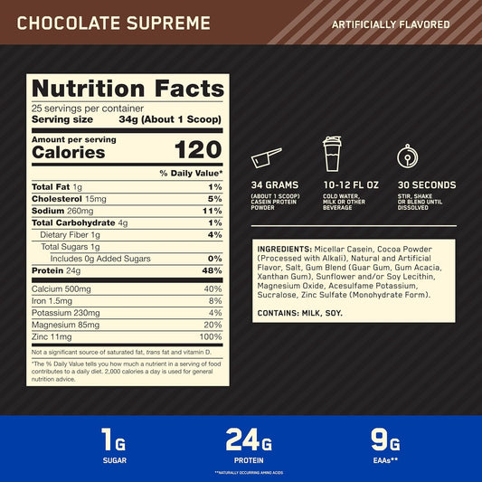 Gold Standard 100% Micellar Casein Protein Powder, Slow Digesting, Helps Keep You Full, Overnight Muscle Recovery, Chocolate Supreme, 2 Pound (Packaging May Vary)