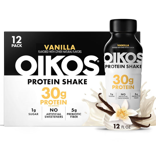 Oikos Protein Shake, Vanilla, 30G High Protein Drinks, 12 Fl oz Bottle, 12 Count