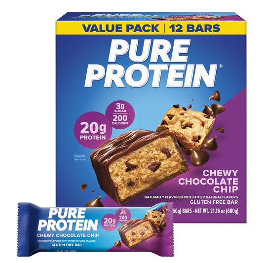Pure Protein Chewy Chocolate Chip Protein Bars – 20G Protein, 3G Sugar, 190 Calories (12 Count)