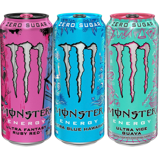 Three Monster Energy drink cans lined up side by side on a white background. The left can is Ruby Red in pink, the middle can is Blue Hawaii in bright blue, and the right can is Vice Guava in mint green with pink graphics.