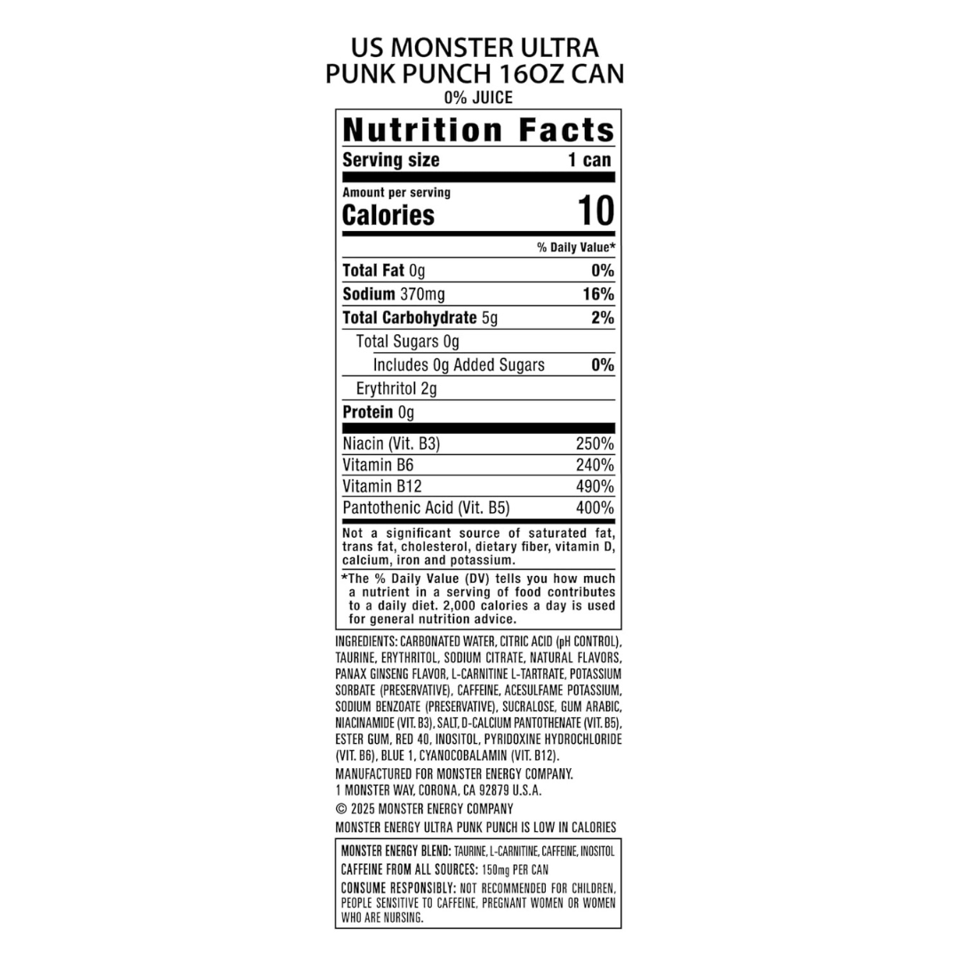 Monster Energy Ultra Punk Punch, Sugar Free Energy Drink, 16 Ounce (Pack of 15)
