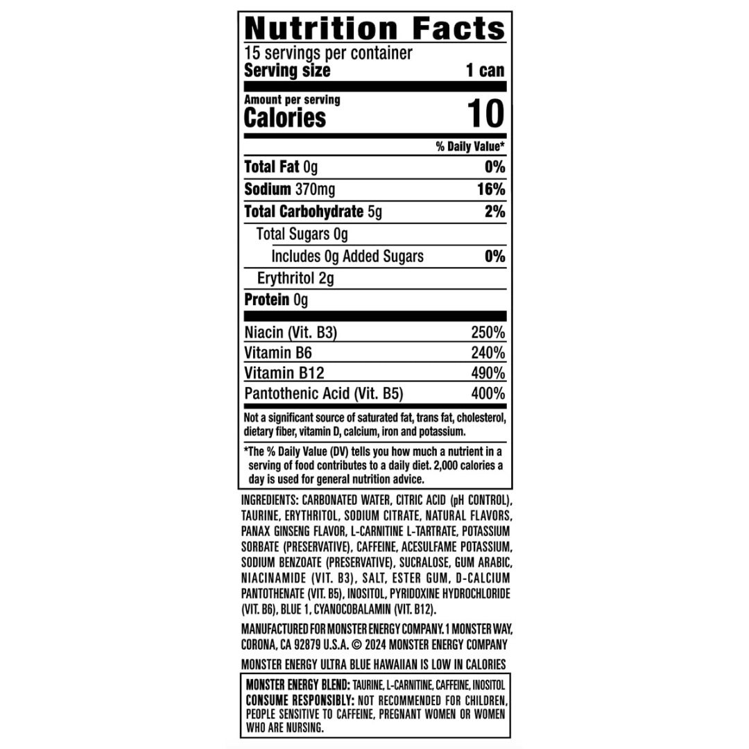 Monster Energy Ultra Blue Hawaiian, Sugar Free Energy Drink, 16 Ounce (Pack of 15)