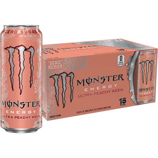 Monster Energy Ultra Peachy Keen can and box on a white background