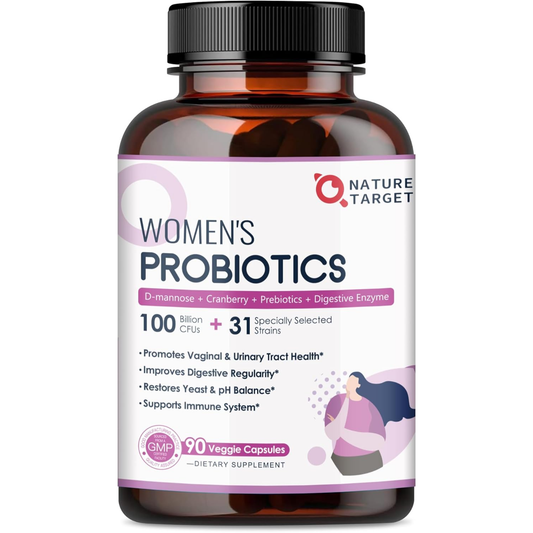 Nature's Target Women's Probiotics supplement bottle, featuring an amber brown plastic bottle with a black ribbed cap and a white label with purple and black text.
