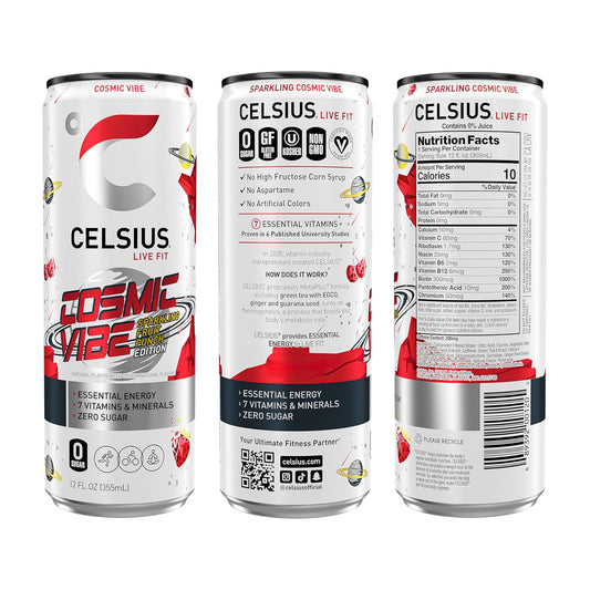 CELSIUS COSMIC VIBE Sparkling Fruit Punch, Sugar Free Energy Drink, 12 Fl Oz (Pack of 12)