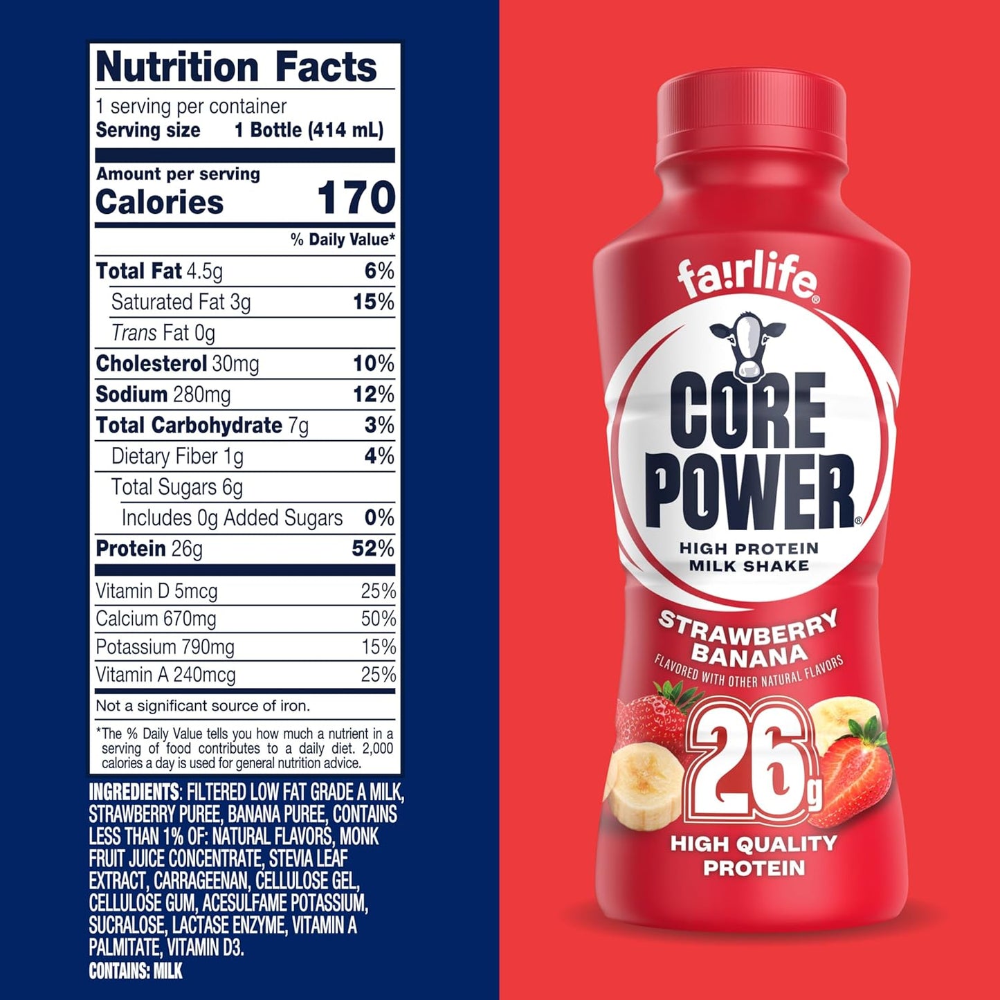 Core Power Protein Shake, Strawberry Banana, 26G Bottle, 14Oz, 12 Pack