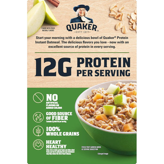 Quaker Protein Instant Oatmeal, Apple Cinnamon, 12G Protein per Serving (6 Pack)