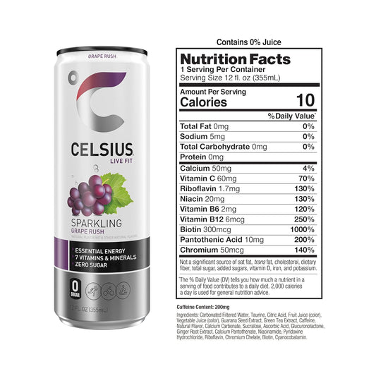 CELSIUS Sparkling Grape Rush, Sugar Free Energy Drink, 12 Fl Oz (Pack of 12)