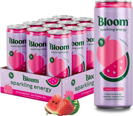 Bloom Nutrition Sparkling Energy Drink - Natural Caffeine, Zero Sugar, 180Mg Caffeine - Strawberry Watermelon - 12oz 12 Pack