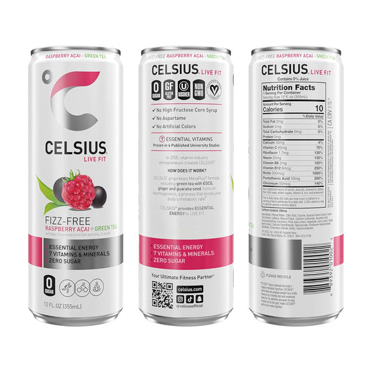 CELSIUS Fizz Free Raspberry Acai Green Tea, Sugar Free Energy Drink, 12 Fl Oz (Pack of 12)