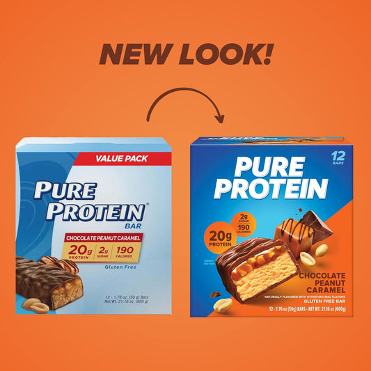 Pure Protein Chocolate Peanut Caramel Protein Bars – 20G Protein, 3G Sugar, 190 Calories (12 Count)
