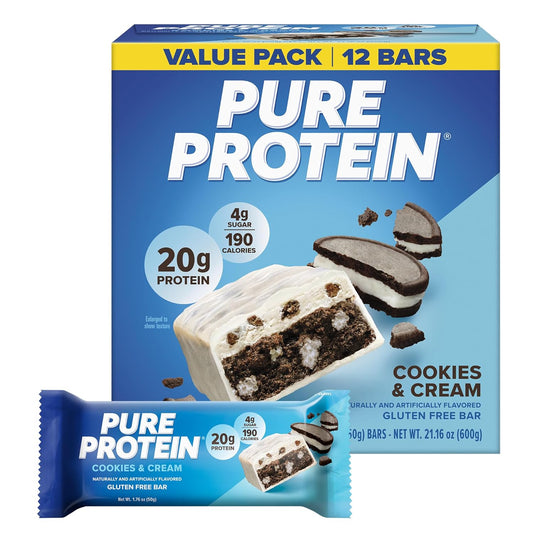 Pure Protein Cookies and Cream Protein Bars – 20G Protein, 3G Sugar, 190 Calories (12 Count)