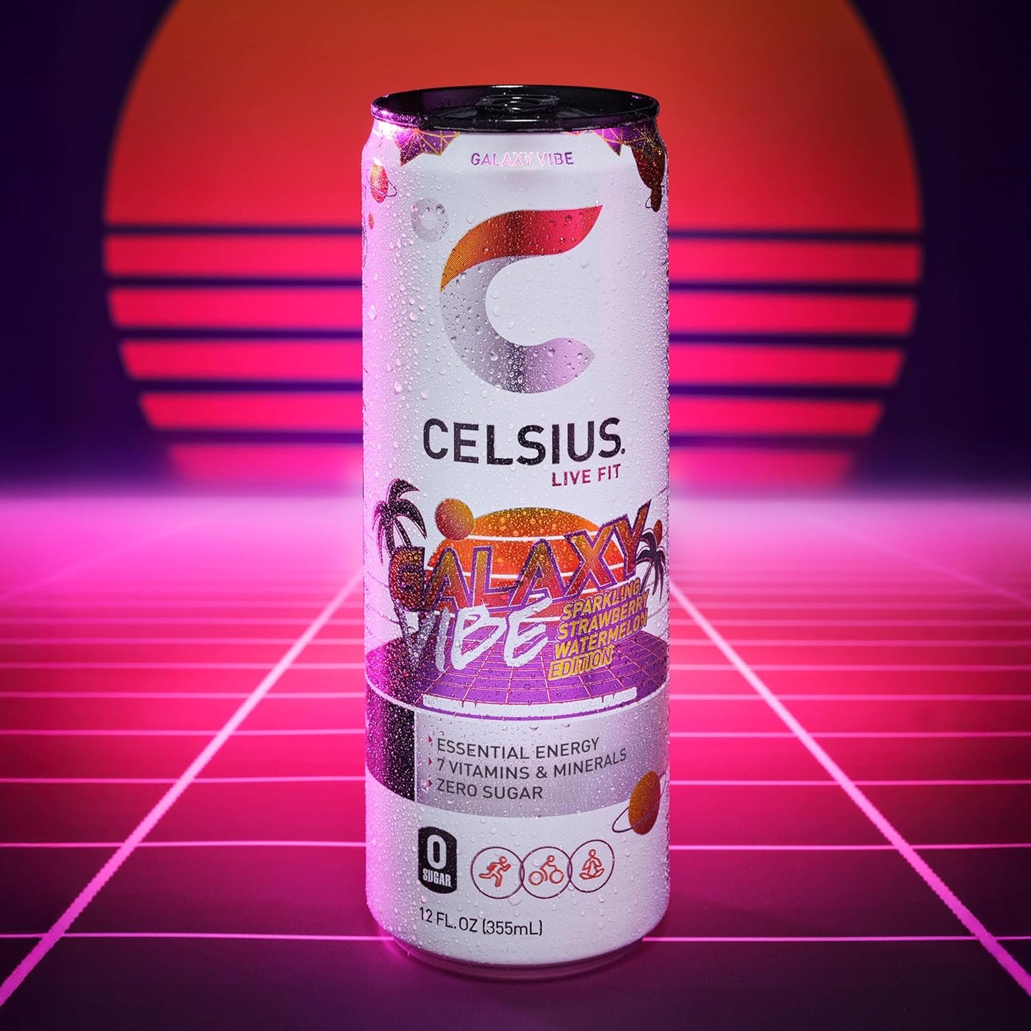 CELSIUS GALAXY VIBE Sparkling Strawberry Watermelon, Sugar Free Energy Drink, 12 Fl Oz (Pack of 12)