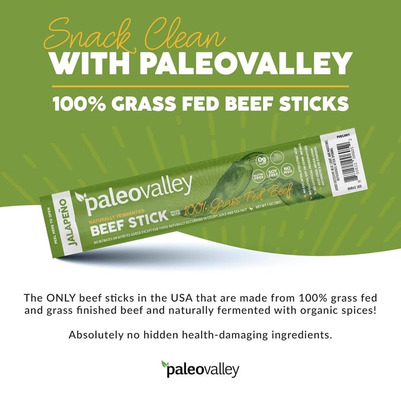 Paleovalley 100% Grass Fed Jalapeno Beef Sticks - Delicious Gluten Free Beef Snack