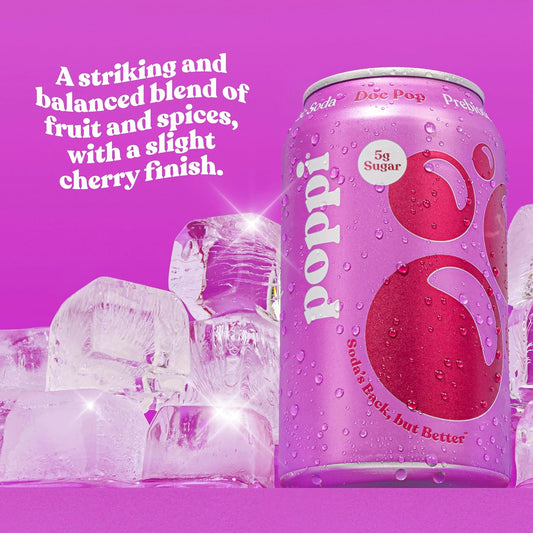 Poppi Sparkling Prebiotic Soda Beverage, Doc Pop Flavor, 12 Fl oz, Pack of 12