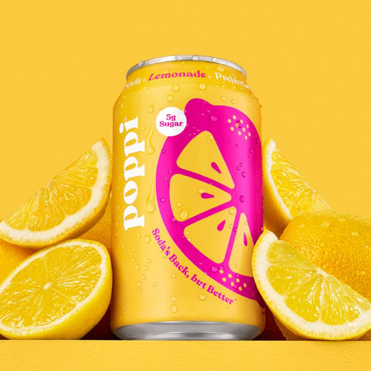 Poppi Prebiotic Soda, Sparkling Water & Fruit Juice, Lemonade, 12 oz, 12 Pack
