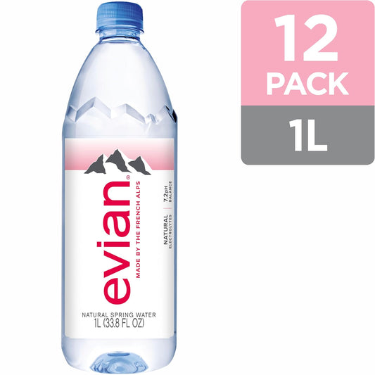 Evian Natural Spring Water, 1 L Bottle, 12 Pack