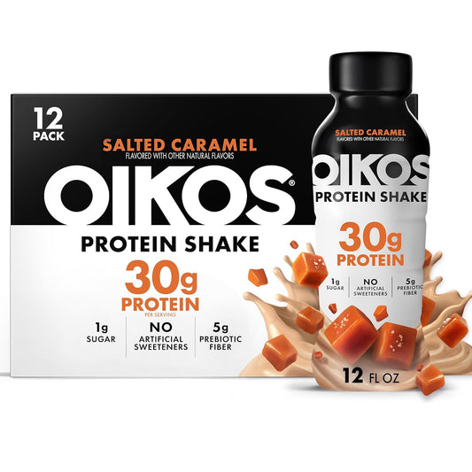 Oikos Protein Shake, Salted Caramel, 30G High Protein Drinks, 12 Fl oz Bottle, 12 Count