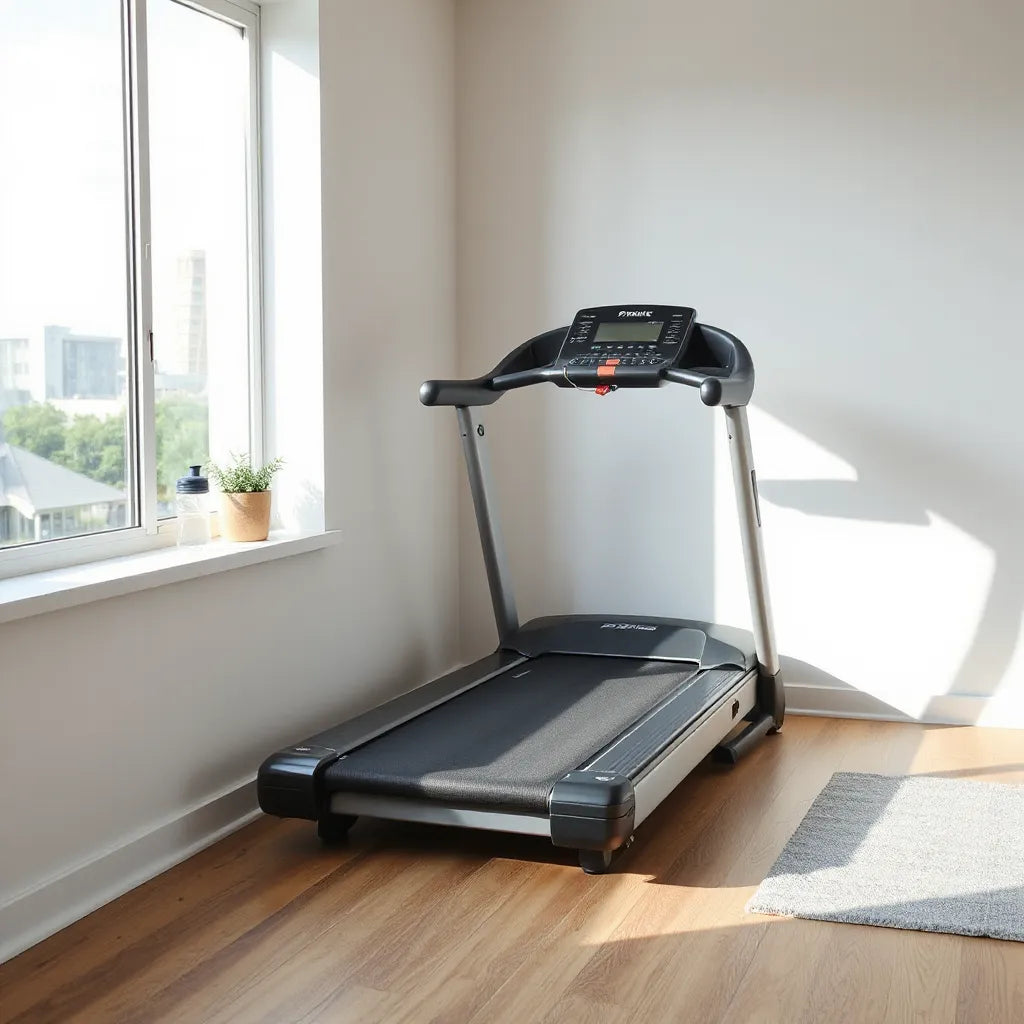 Modern treadmill in a bright, minimal home gym for indoor running workouts