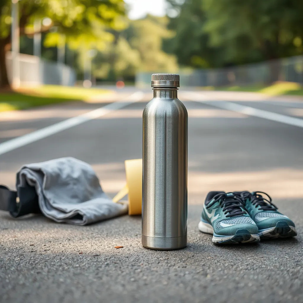 Reusable water bottle beside running shoes and workout gear on a paved outdoor path