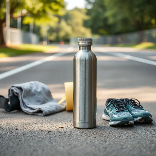 Reusable water bottle beside running shoes and workout gear on a paved outdoor path
