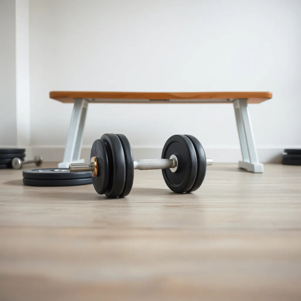 Adjustable dumbbells with visible weight plates on a clean floor beside a weight bench