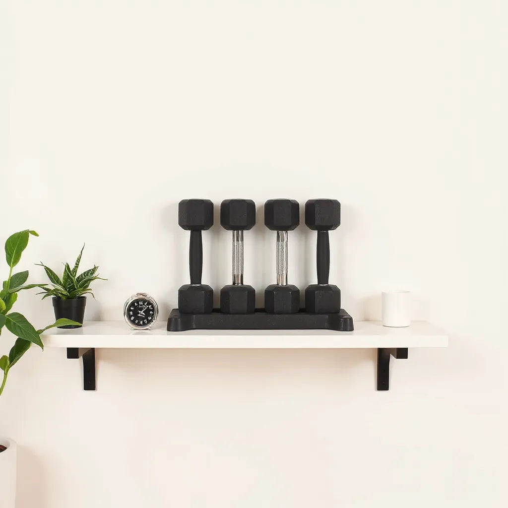 Compact dumbbell setup in a small home gym with efficient storage space