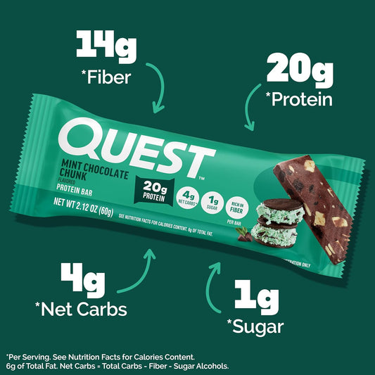 Quest Nutrition Mint Chocolate Chunk Protein Bars, 20G Protein, 12 Count