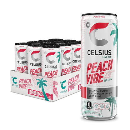 CELSIUS PEACH VIBE Sparkling White Peach Energy Drink, 12 Fl oz (Pack of 12)