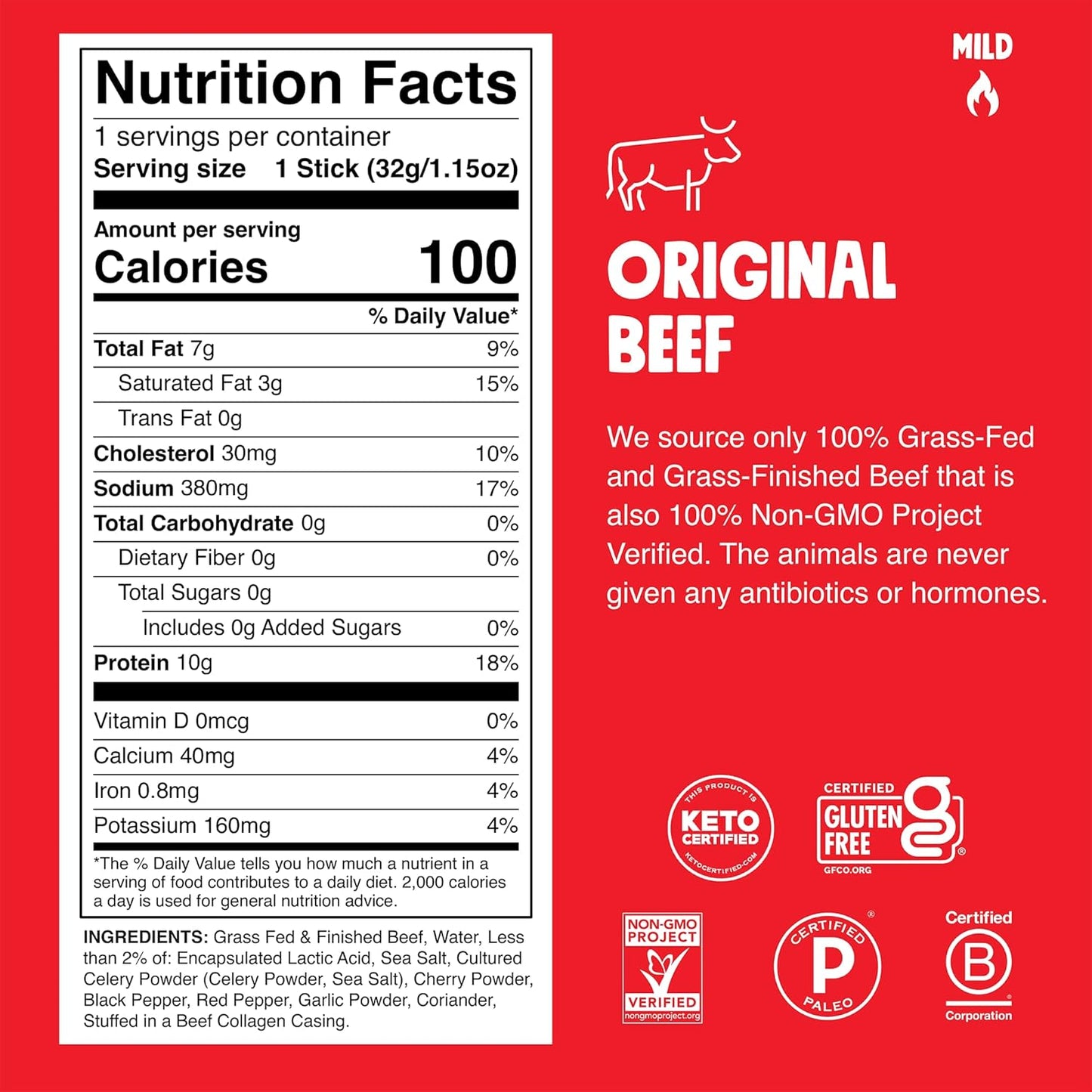 Chomps Grass-Fed Beef Jerky Snack Sticks