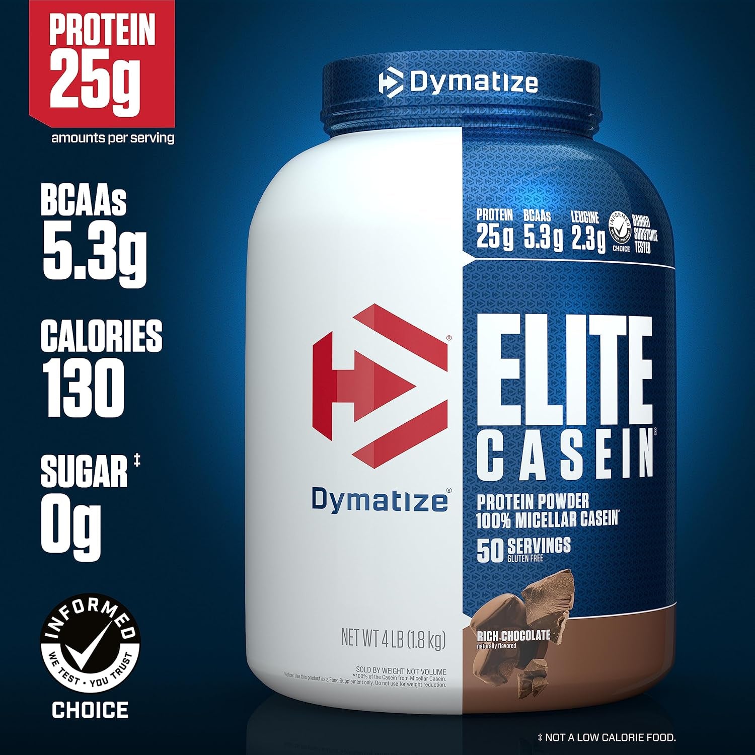 Elite Casein Protein Powder, Chocolate, 100% Micellar Casein, 25G Protein, 5.4G Bcaas, 2.3G Leucine, Slow Absorbing for Overnight Muscle Recovery, 4 Lb (50 Servings)