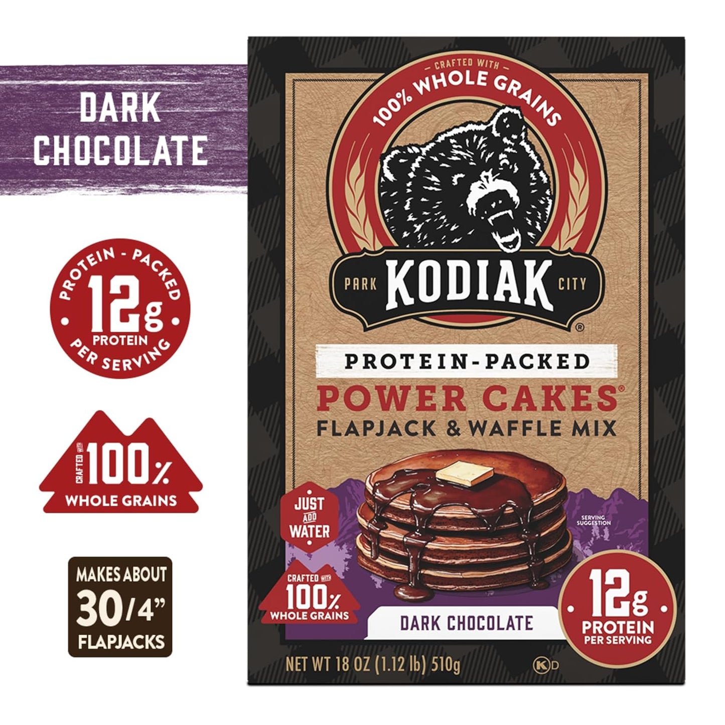 Kodiak Cakes Protein Pancake Power Cakes, Flapjack and Waffle Baking Mix, Dark Chocolate, 18 Ounce (Pack of 6)