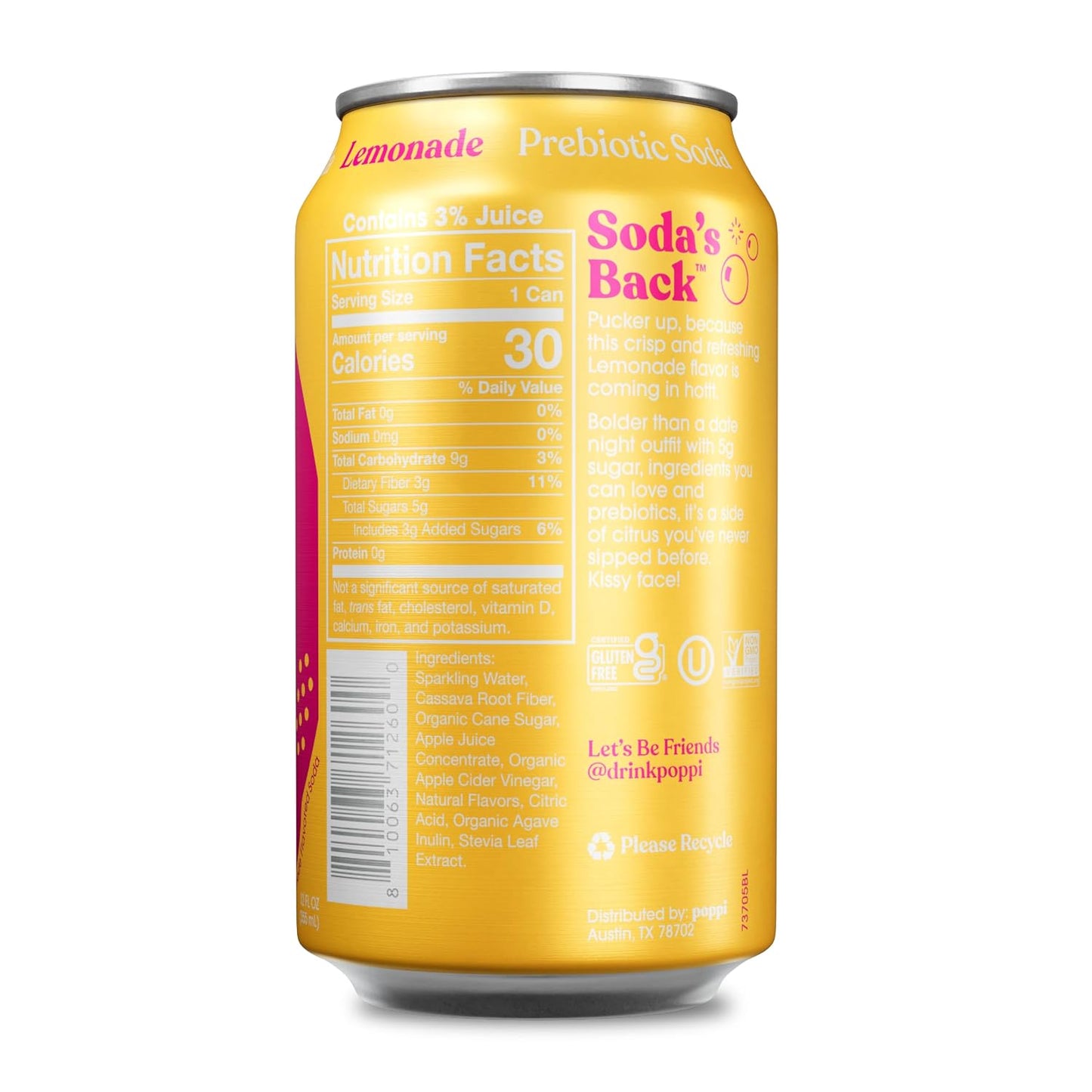 Poppi Prebiotic Soda, Sparkling Water & Fruit Juice, Lemonade, 12 oz, 12 Pack