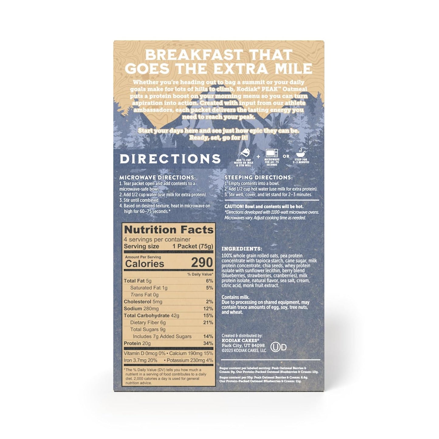 Kodiak Peak Instant Oatmeal Packets, Berries & Cream, High Protein (Total of 24 Packets)