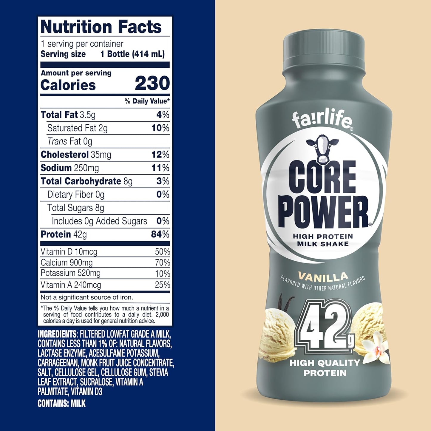 Core Power Elite High Protein Shake, Vanilla, 42G Bottle, 14Oz, 12 Pack