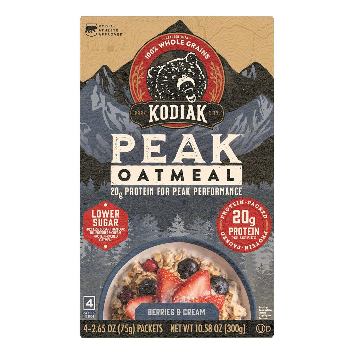 Kodiak Peak Instant Oatmeal Packets, Berries & Cream, High Protein (Total of 24 Packets)