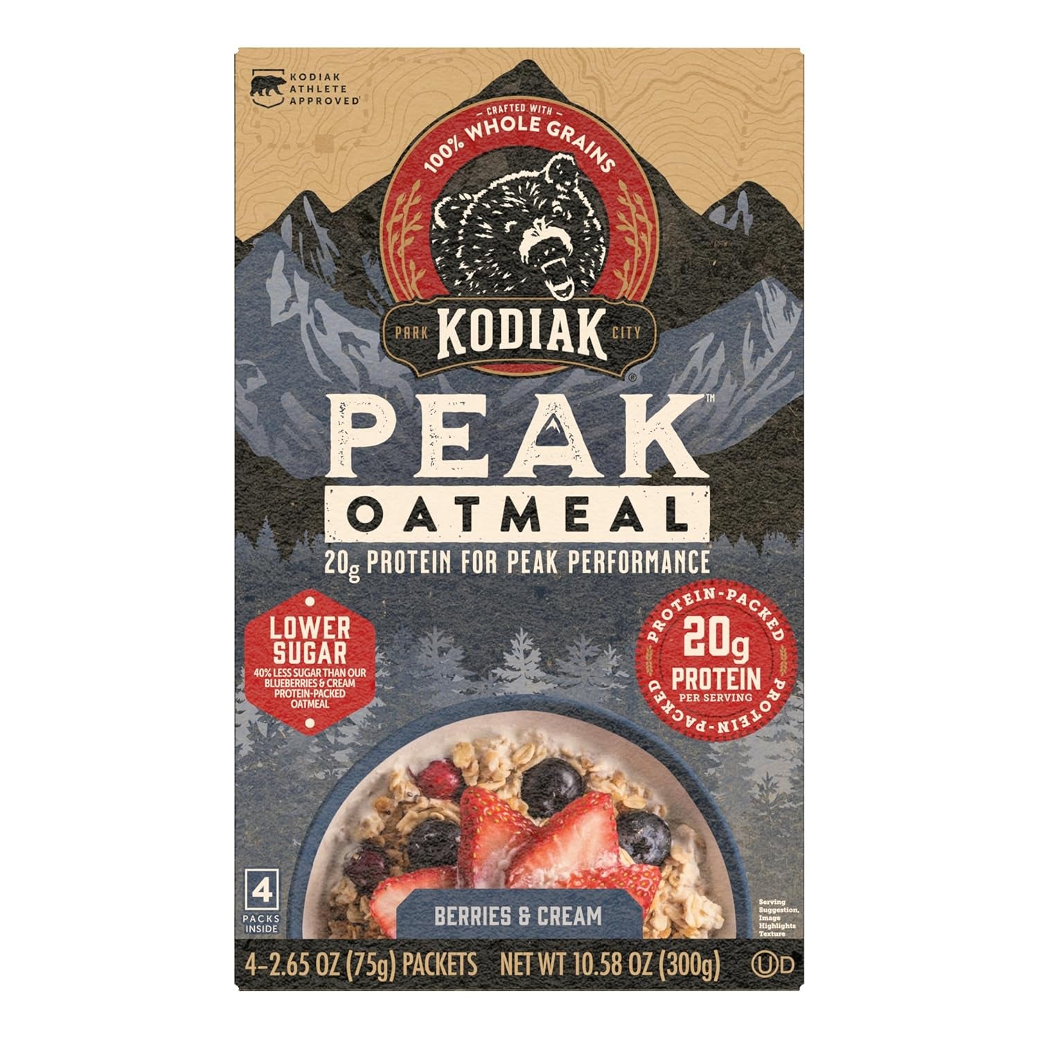 Kodiak Peak Instant Oatmeal Packets, Berries & Cream, High Protein (Total of 24 Packets)